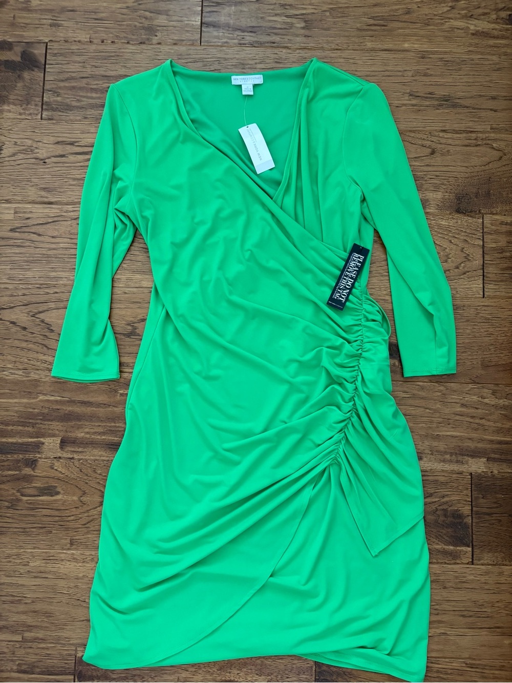 New York & Company Bright Green Faux-Wrap Ruched Midi Dress. Medium
